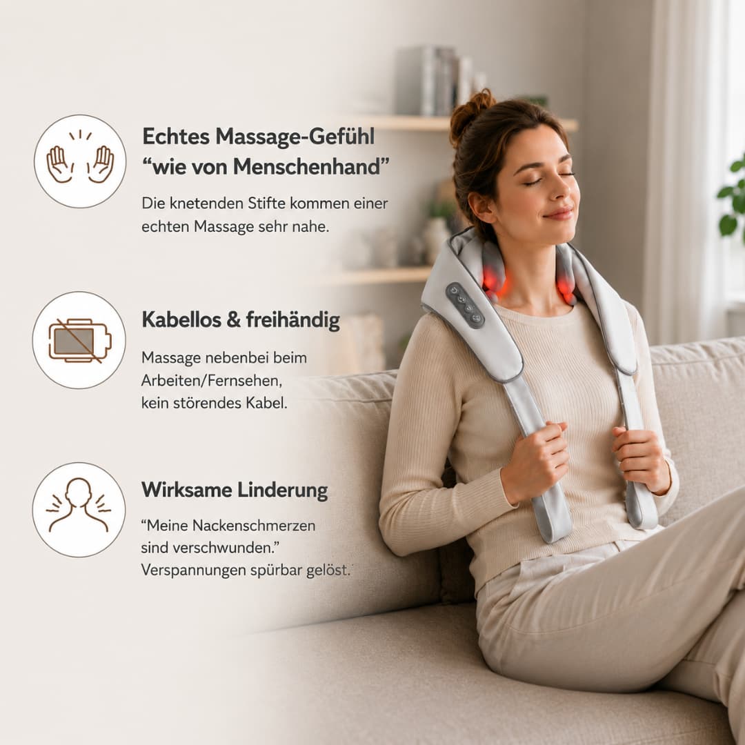 Nacky Wärme-Massagegerät Verspannungen & Nackenschmerzen — einfach zu Hause wegmassieren.
