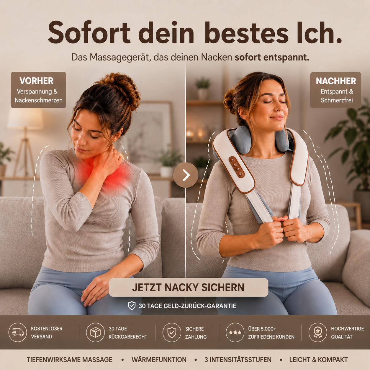 Nacky Wärme-Massagegerät Verspannungen & Nackenschmerzen — einfach zu Hause wegmassieren.
